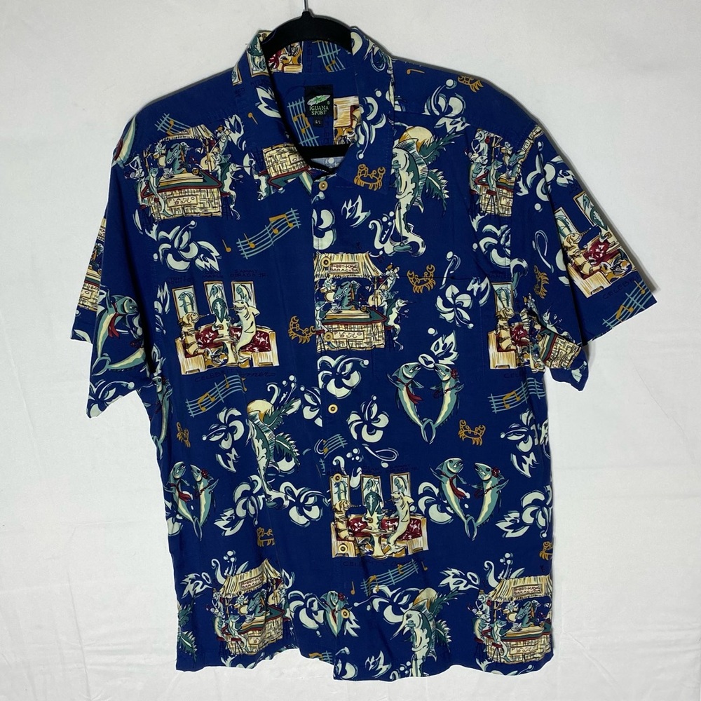Vintage Iguana Sport Blue Fish Bar Print Casual Short Sleeve Button Up Shirt L